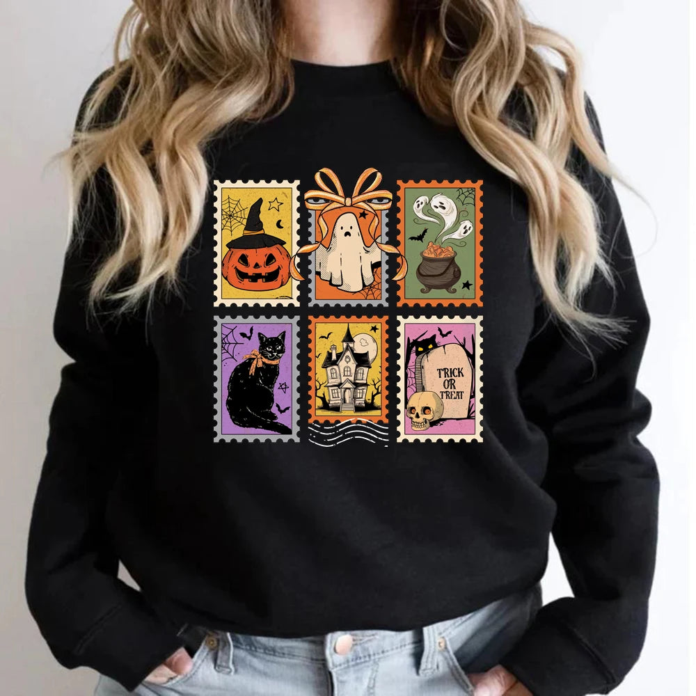 Retro Halloween Cat Ghost Sweatshirt Spooky Season Hoodie Unisex Casual Sweatshirts Pumpkin Halloween Pullover Streetwear Tops