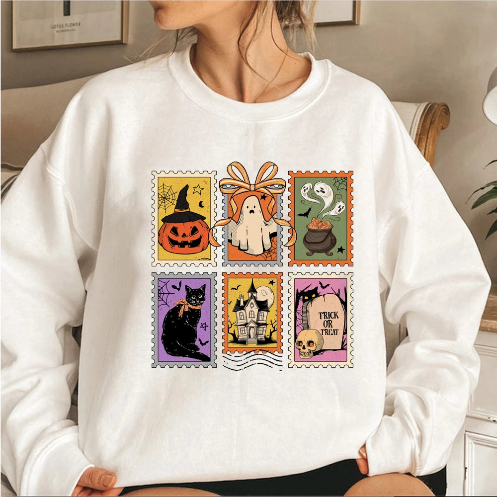 Retro Halloween Cat Ghost Sweatshirt Spooky Season Hoodie Unisex Casual Sweatshirts Pumpkin Halloween Pullover Streetwear Tops