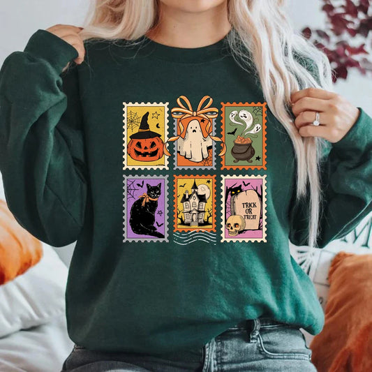 Retro Halloween Cat Ghost Sweatshirt Spooky Season Hoodie Unisex Casual Sweatshirts Pumpkin Halloween Pullover Streetwear Tops