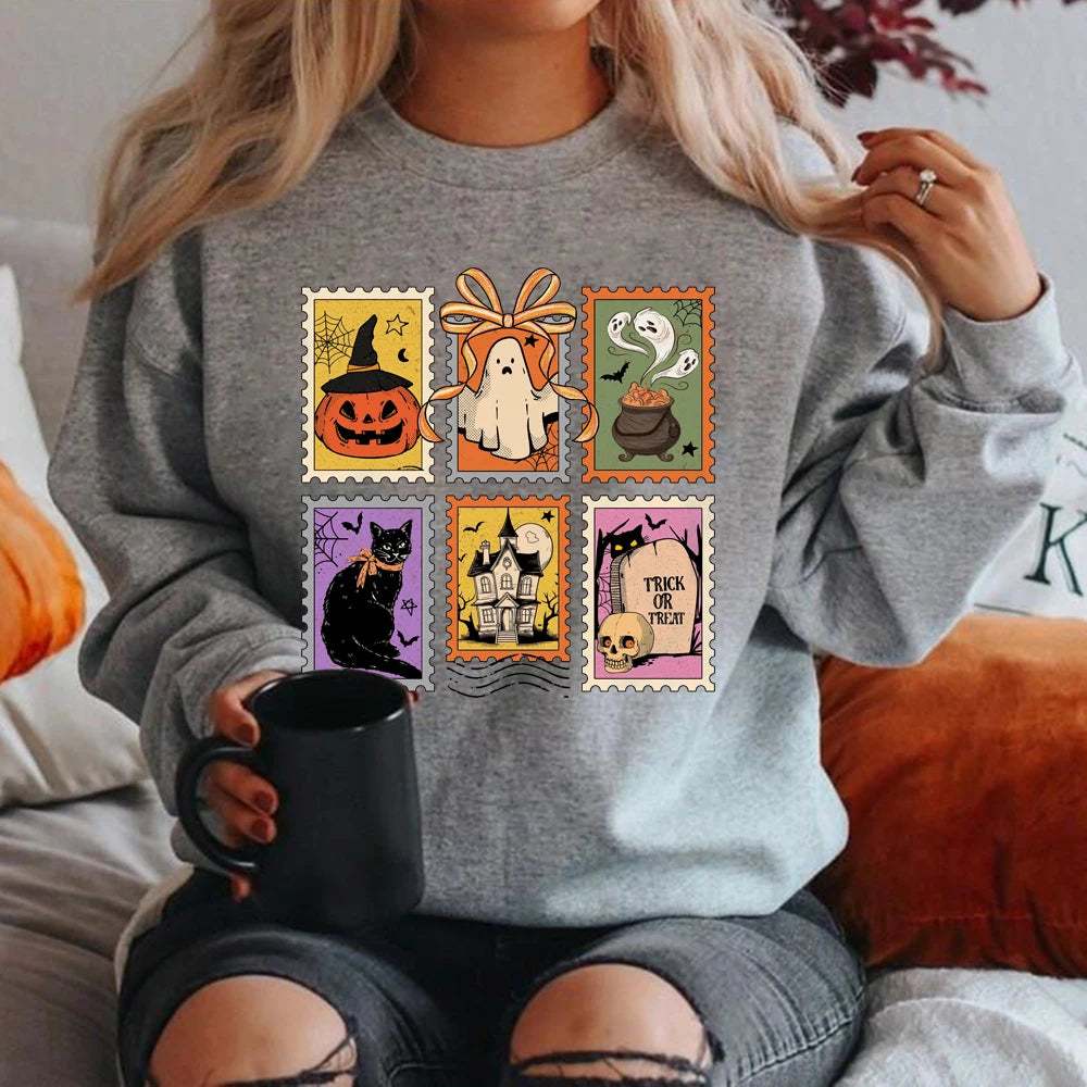 Retro Halloween Cat Ghost Sweatshirt Spooky Season Hoodie Unisex Casual Sweatshirts Pumpkin Halloween Pullover Streetwear Tops