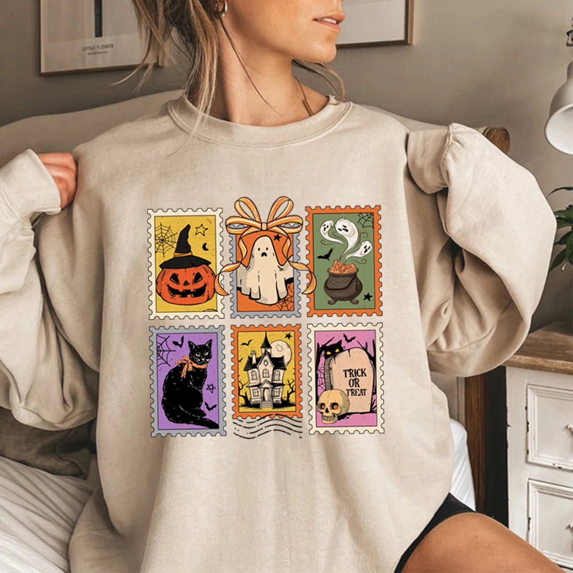 Retro Halloween Cat Ghost Sweatshirt Spooky Season Hoodie Unisex Casual Sweatshirts Pumpkin Halloween Pullover Streetwear Tops