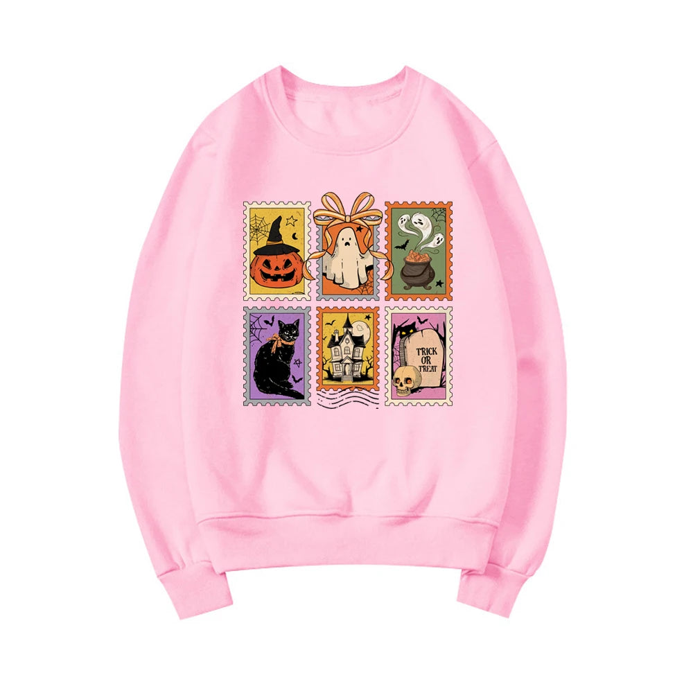 Retro Halloween Cat Ghost Sweatshirt Spooky Season Hoodie Unisex Casual Sweatshirts Pumpkin Halloween Pullover Streetwear Tops